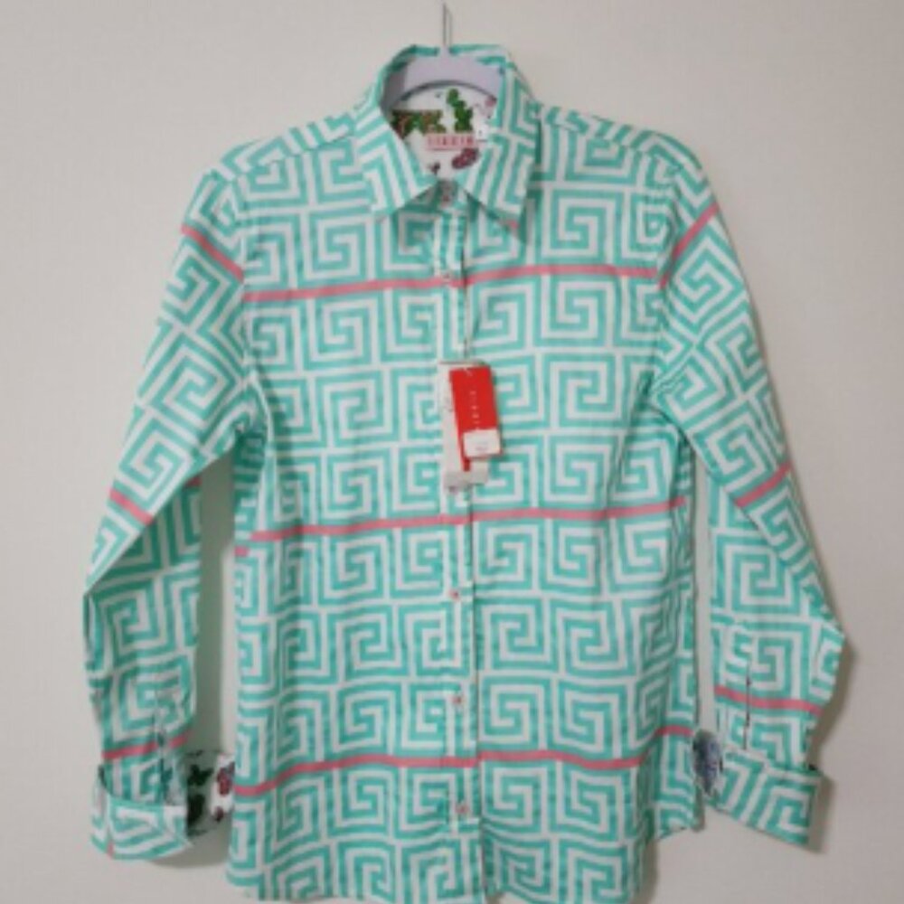 Dizzy-Lizzie Aqua Pink Top MD Cotton-Blend Flip-Cuff Womens Tizzie Shirt #402